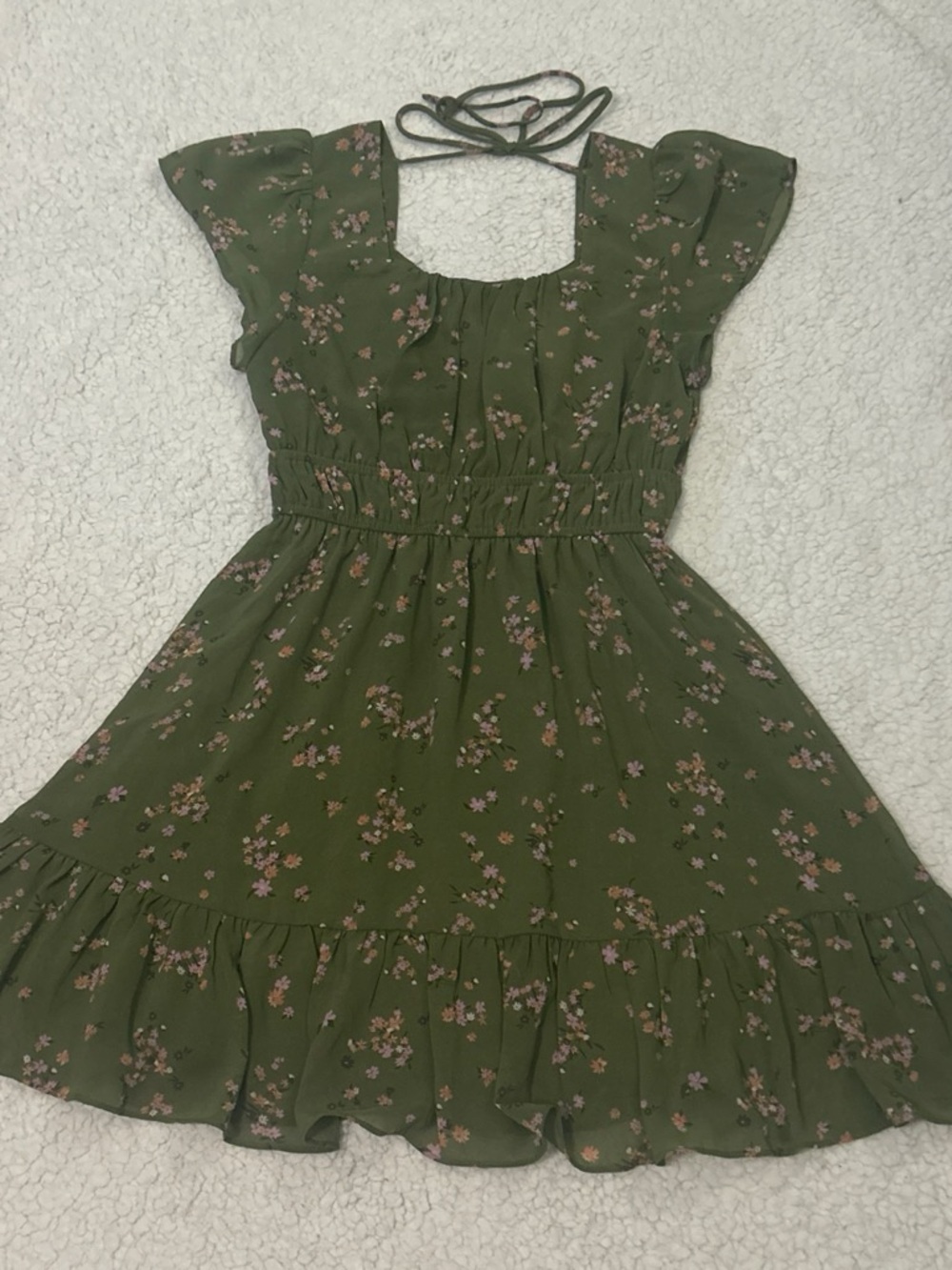 Altar'd State Olive Floral Ruffle Tie-Back Mini Dress